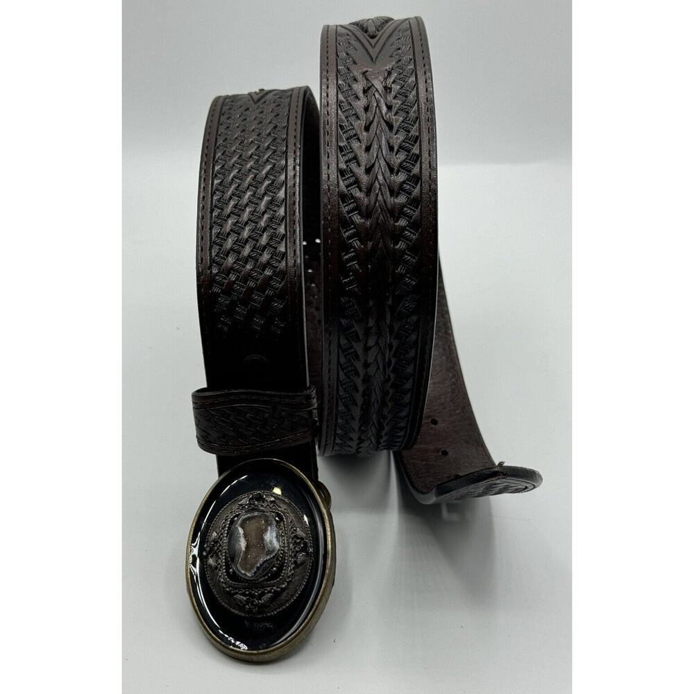 Allison Daniel Designs Brown Tooled Leather Belt Black Brown Geode Buckle Sz 36